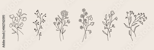 Set of flower line art bouquets. Floral sketch plant. Spring hand drawn leaf. Minimal floral abstract leaves design. Wedding logo. Vector illustration in outline style