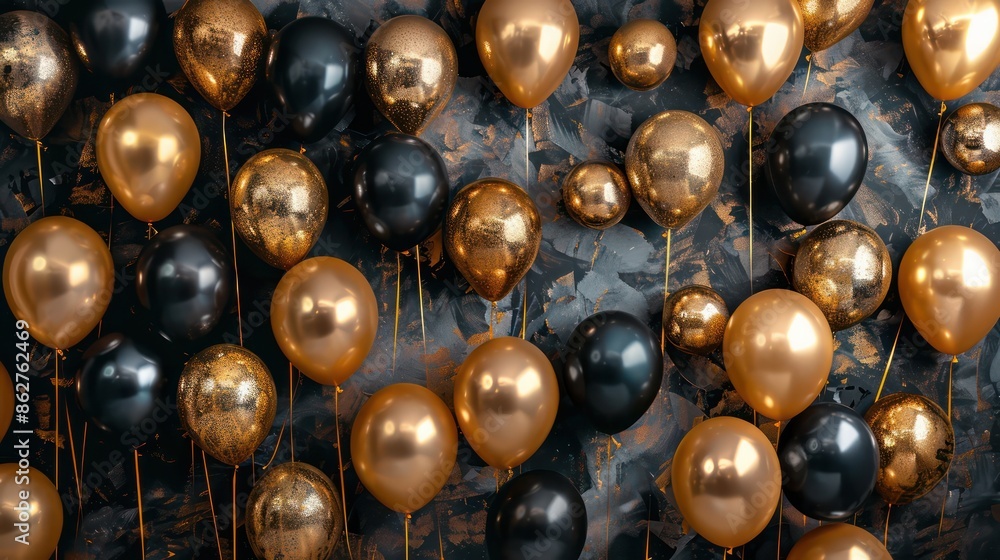 A wall covered in gold and black balloons. The gold balloons are larger and more prominent than the black ones. The balloons are scattered all over the wall, creating a festive A wall covered in gold and black balloons. The gold balloons are larger and more prominent than the black ones. The balloons are scattered all over the wall, creating a festive