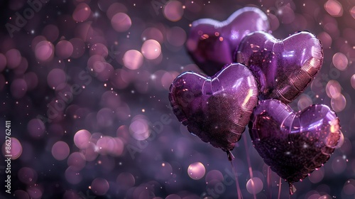 A bunch of purple balloons with hearts on them. The balloons are floating in the air and the background is blurry. Concept of celebration and joy