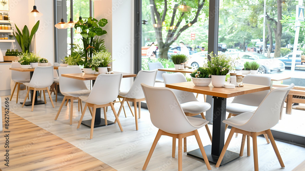Fototapeta premium Cafe interior with wooden furniture. Bright and cozy dining area