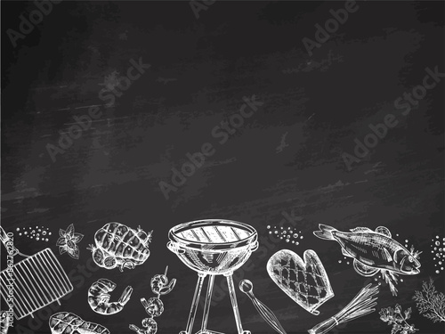 A set of hand-drawn sketches of barbecue and picnic elements, barbecue grill, tools, grilled fish, fish steaks. Template. Vintage illustration on chalkboard background.