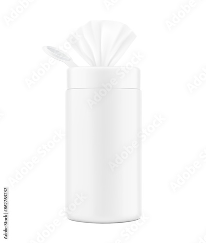 Open wet wipes canister mockup. Vector illustration isolated on white background. Easy to customise for your product, promo or ad. EPS10.