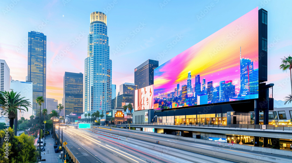 Fototapeta premium Cityscape with skyscrapers. Vibrant billboard at sunset. Urban landscape