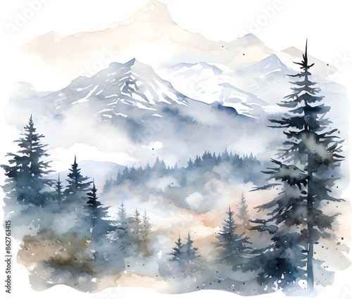 Cozy Wintertime in the Alps: Watercolor Illustration of an Adorable Mountain Landscape with Spruce Trees