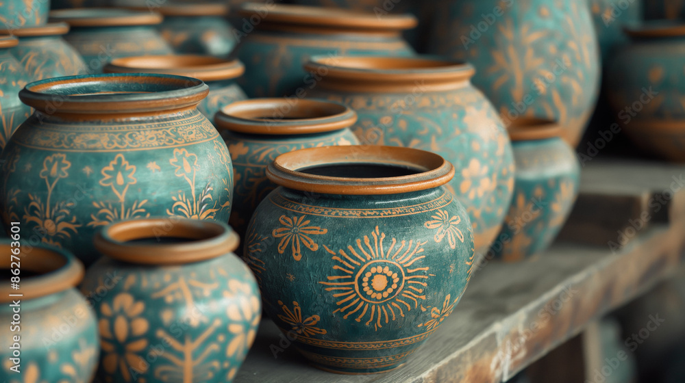 Collection of pottery, handmade ceramics in various shapes and sizes, handmade with intricate floral patterns in shades of green, brown and gold. Collection of pottery, handmade ceramics in various shapes and sizes, handmade with intricate floral patterns in shades of green, brown and gold.