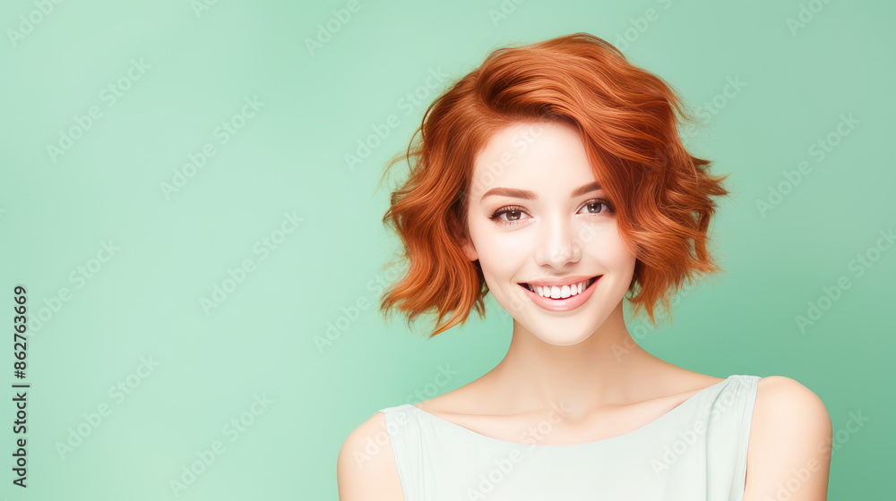 Portrait of a beautiful, sexy, smiling, happy Asian woman with short red hair and perfect skin, light green background, banner. Portrait of a beautiful, sexy, smiling, happy Asian woman with short red hair and perfect skin, light green background, banner.