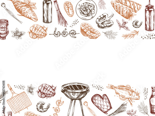 A set of hand-drawn sketches of barbecue and picnic elements, barbecue grill, tools, grilled fish, fish steaks. Template. Doodle vintage illustration.