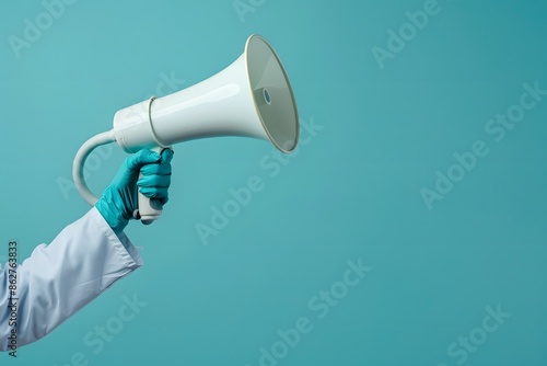 Gloved hand with hailer for health awareness campaign