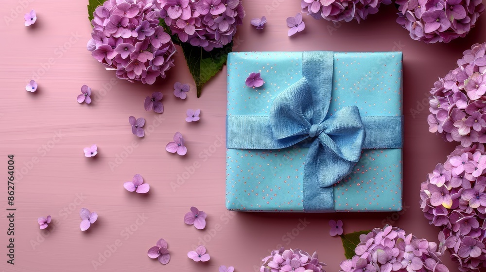 Exquisite blue gift box adorned with a charming bow resting on a bed of delicate spring pink flowers Exquisite blue gift box adorned with a charming bow resting on a bed of delicate spring pink flowers
