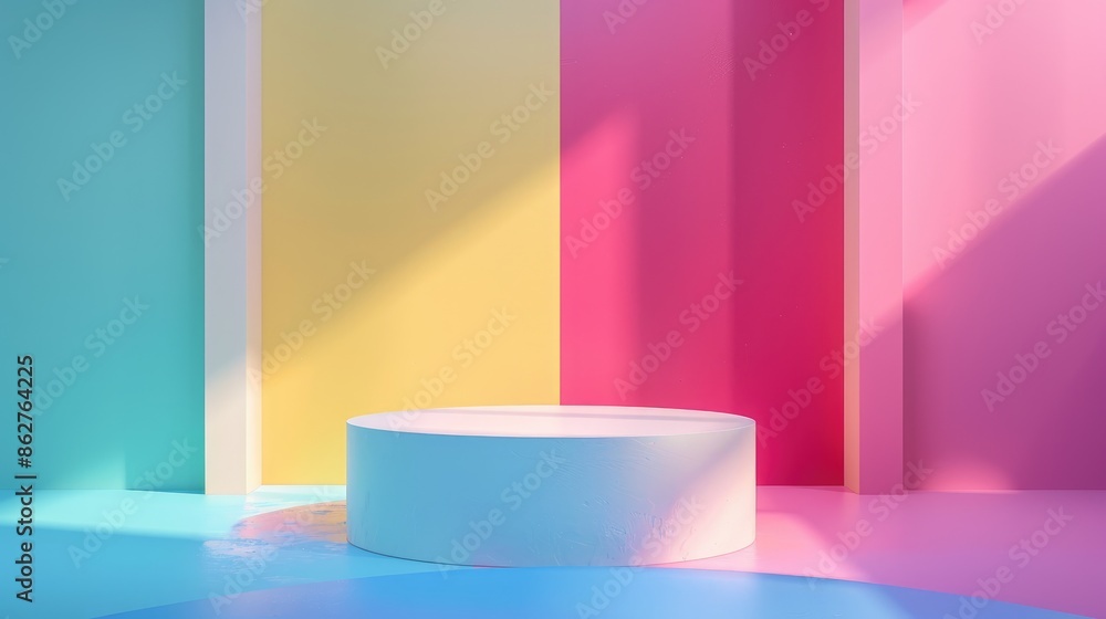 Mockup of white podium with multicolored backdrop viewed from a hero angle with shadow ideal for showcasing cosmetics and products with colored shadows and copy space Mockup of white podium with multicolored backdrop viewed from a hero angle with shadow ideal for showcasing cosmetics and products with colored shadows and copy space