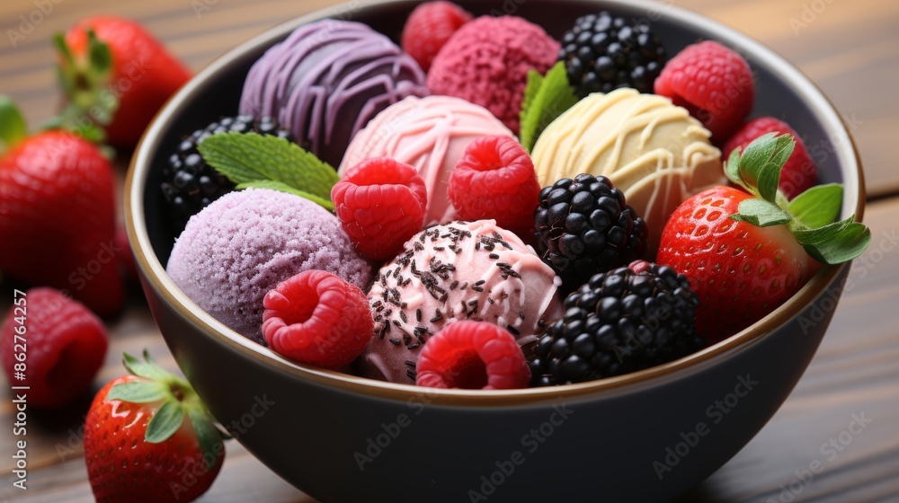 Top view of chocolate berry ice cream in container with raspberry and strawberry flavored balls Top view of chocolate berry ice cream in container with raspberry and strawberry flavored balls
