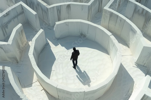 Aerial view of a businessman walking through a difficult maze made of white concrete walls