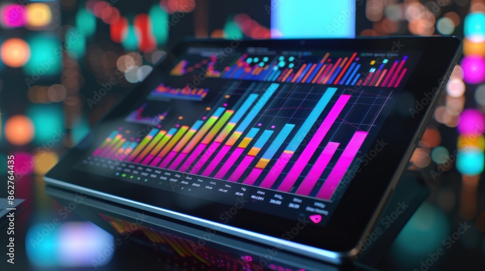 A tablet displays a colorful graph with many different colored bars. The graph appears to be a representation of data or information, possibly related to finance or statistics A tablet displays a colorful graph with many different colored bars. The graph appears to be a representation of data or information, possibly related to finance or statistics