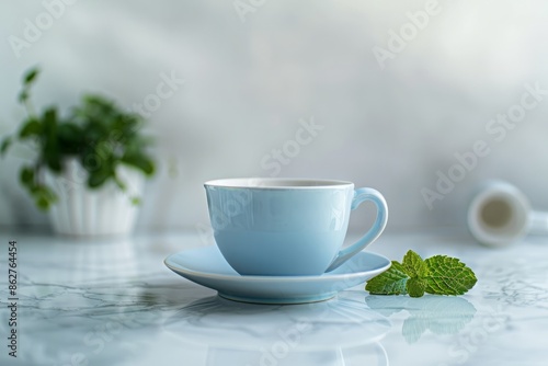 A minimalist setup with a single cup of blue tea on a white marble countertop, accented by a few fresh mint leaves
