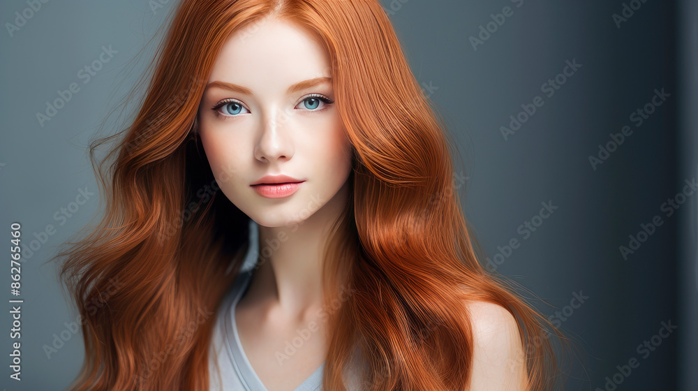 Portrait of a beautiful, sexy, smiling, happy Asian woman with long red hair and perfect skin, gray background, banner. Portrait of a beautiful, sexy, smiling, happy Asian woman with long red hair and perfect skin, gray background, banner.