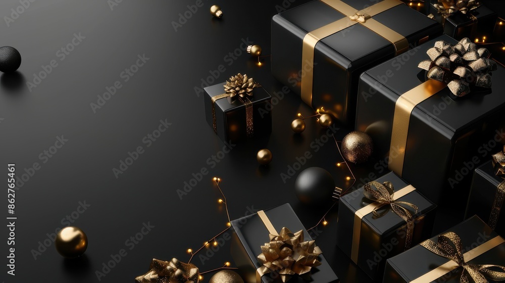 Black and gold gift boxes with Christmas ornaments Black and gold gift boxes with Christmas ornaments