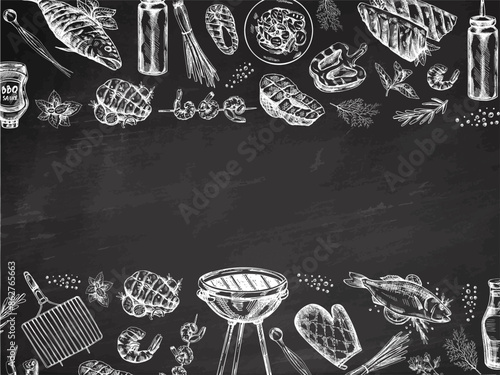 A set of hand-drawn sketches of barbecue and picnic elements, barbecue grill, tools, grilled fish, fish steaks. Template. Vintage illustration on chalkboard background.