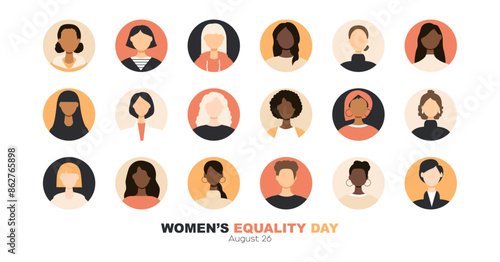 Women's Equality Day banner. Icons of different women. Modern design.