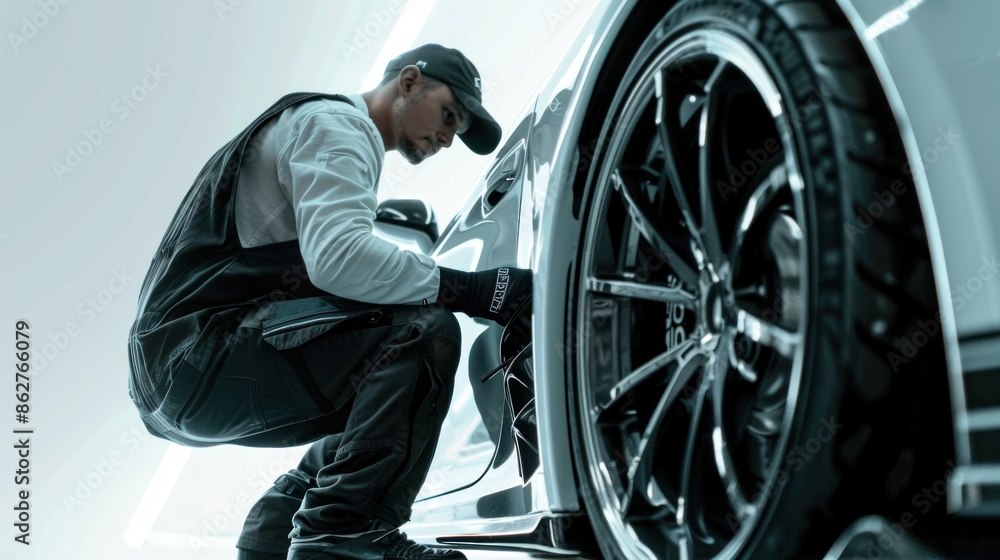 A mechanic using precision techniques to install a high-performance car concept enhancement, against a blank background perfect for adding custom messages or logos , A mechanic using precision techniques to install a high-performance car concept enhancement, against a blank background perfect for adding custom messages or logos ,