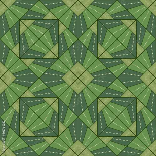 Seamless geometric pattern from lines and dots. Vector decorative square diagonal ornament. Green colors pattern. Strict monochrome design. Mosaic tile background for design project.