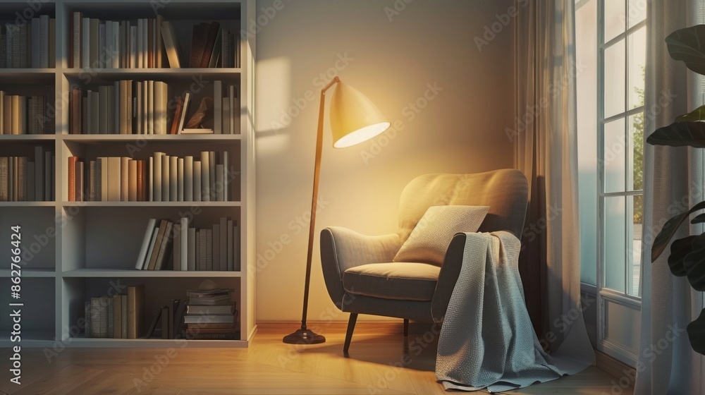 A cozy reading nook in a minimalist home, featuring a comfortable chair, floor lamp, and a small bookshelf. A cozy reading nook in a minimalist home, featuring a comfortable chair, floor lamp, and a small bookshelf.