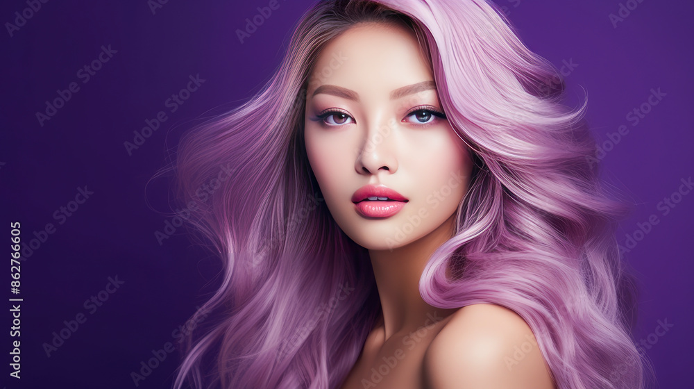 Portrait of a beautiful, sexy, smiling, happy blonde Asian woman with perfect skin, purple background, banner. Portrait of a beautiful, sexy, smiling, happy blonde Asian woman with perfect skin, purple background, banner.