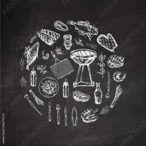 A set of hand-drawn sketches of barbecue and picnic elements, barbecue grill, tools, grilled fish, fish steaks. Template. Vintage illustration on chalkboard background.