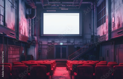 Empty Cinema Theater With Red Seats and Large Screen