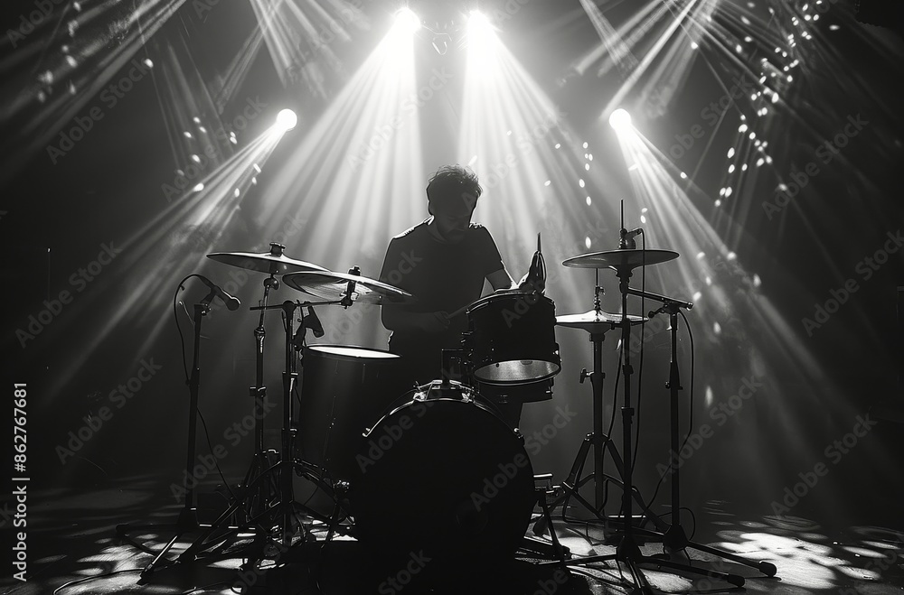 Fototapeta premium Drummer Performing Under Stage Lights During Concert
