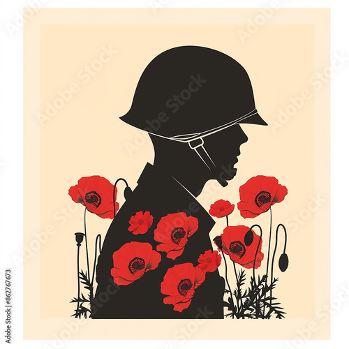 Soldier's helmet and red poppies form a stylish vector silhouette for Memorial Day. photo