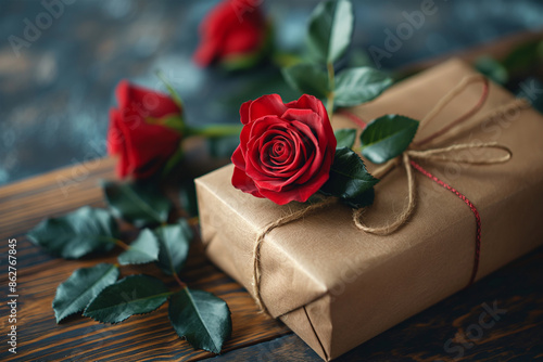 St. Valentines Day concept. Fresh red roses and gift box on wooden table, ai technology photo