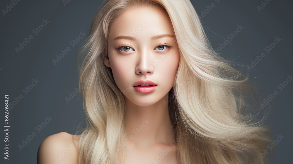 Portrait of a beautiful, sexy, smiling, happy blonde Asian woman with perfect skin, gray background, banner. Portrait of a beautiful, sexy, smiling, happy blonde Asian woman with perfect skin, gray background, banner.