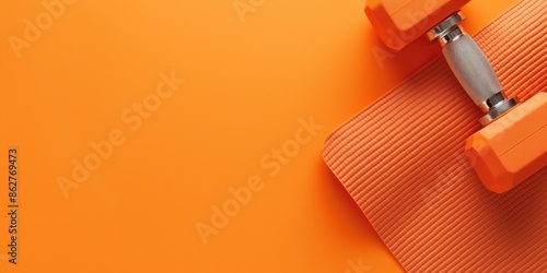 Dumbbell and Yoga Mat on Vibrant Orange Background, Top View 