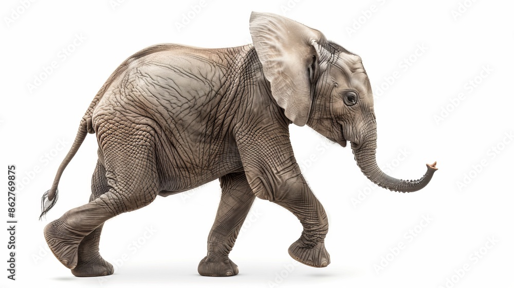 Obraz premium Cute baby elephant walking in white background. Adorable young elephant with wrinkled skin. Perfect for educational materials, wildlife photography and print media. AI