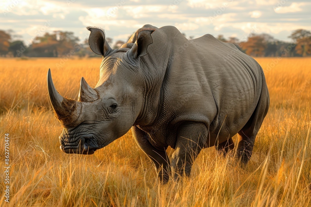 Obraz premium A Northern white rhinoceros grazing in a grassy savannah, its massive, grey body and prominent horn highlighted against the golden landscape.