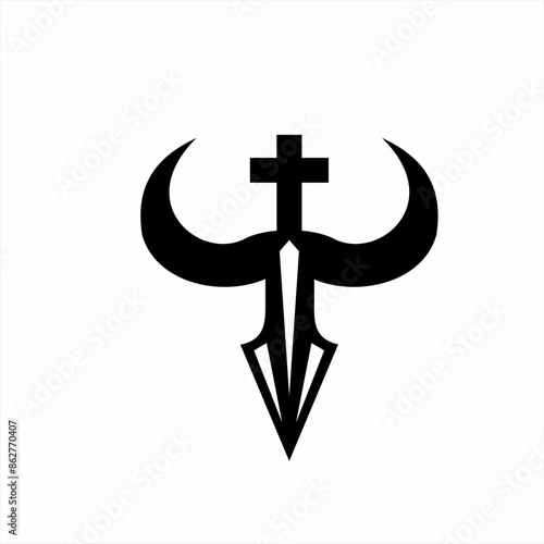 Bull horn logo design with cross and spear.