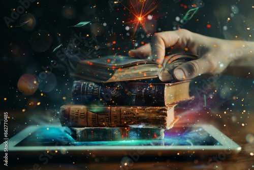 Old magic book being opened with magical particles surrounding it on a tablet