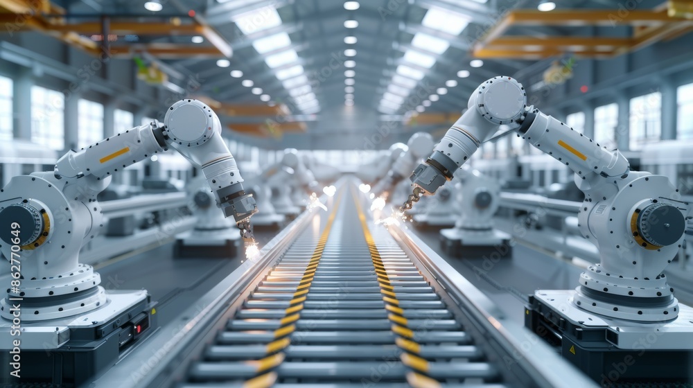Group of Robotic Arms on a Conveyor Belt in a Modern Factory Group of Robotic Arms on a Conveyor Belt in a Modern Factory