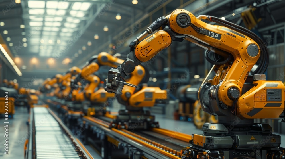 Group of Robotic Arms on a Conveyor Belt in a Modern Factory Group of Robotic Arms on a Conveyor Belt in a Modern Factory