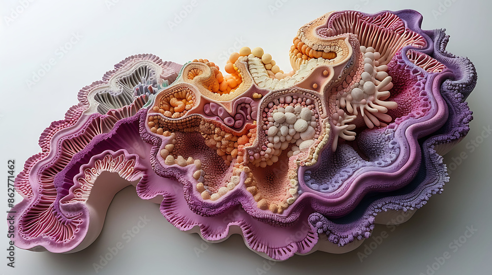 Fototapeta premium Dive into stomach's structure 3D Picture stomach a vibrant pink the rugae in shades of purple and the gastric glands in golden yellow Arrange this detailed stomach model against a clean white canvas