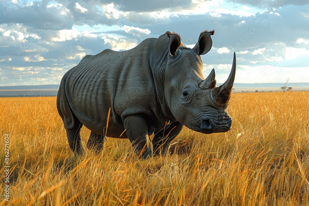 Obraz premium A Northern white rhinoceros grazing in a grassy savannah, its massive, grey body and prominent horn highlighted against the golden landscape.