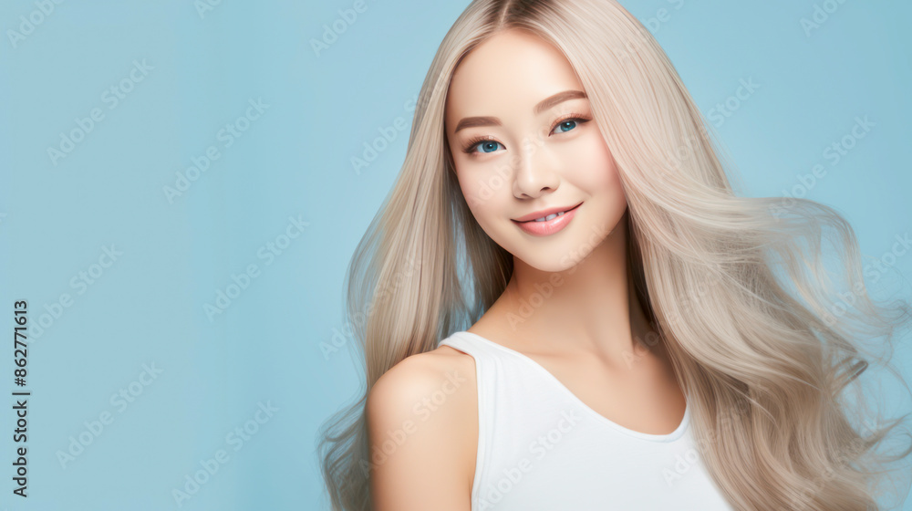 Portrait of a beautiful, sexy, smiling, happy blonde Asian woman with long hair and perfect skin, light blue background, banner. Portrait of a beautiful, sexy, smiling, happy blonde Asian woman with long hair and perfect skin, light blue background, banner.