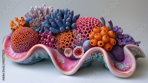Dive into stomach's structure 3D Picture stomach a vibrant pink the rugae in shades of purple and the gastric glands in golden yellow Arrange this detailed stomach model against a clean white canvas photo