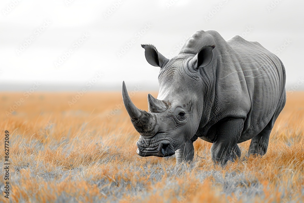 Obraz premium A Northern white rhinoceros grazing in a grassy savannah, its massive, grey body and prominent horn highlighted against the golden landscape.