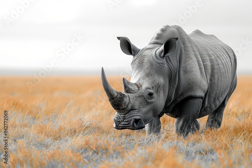 A Northern white rhinoceros grazing in a grassy savannah, its massive, grey body and prominent horn highlighted against the golden landscape. photo