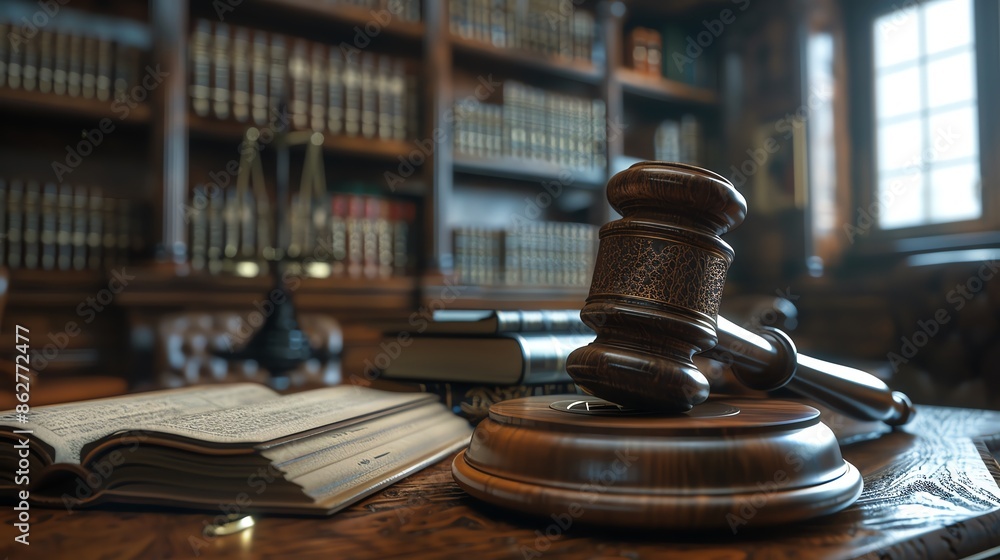 Wooden gavel and open book in a law office library, representing justice and legal proceedings in a scholarly setting. Wooden gavel and open book in a law office library, representing justice and legal proceedings in a scholarly setting.
