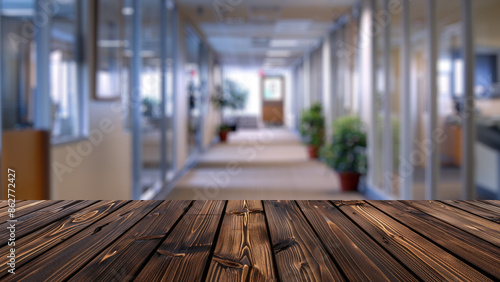 Wooden table top positioned against a blurred modern office meeting area, offering a spacious area for advertising office products.