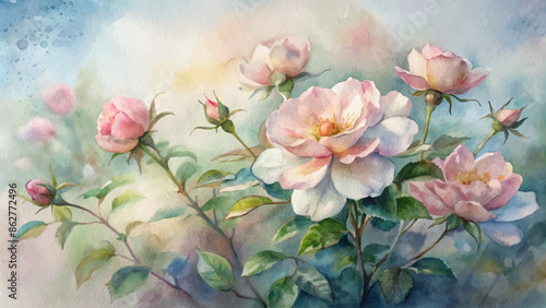 Tranquil wild rose bush watercolor background