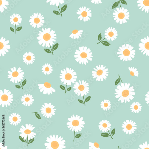 Seamless pattern of chamomile daisy flower with and green leaves on green background vector. Cute floral print.