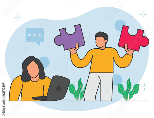Employees solving business puzzles illustration